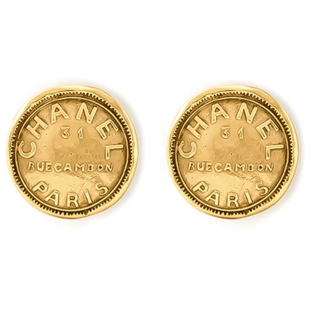 Chanel 31 Rue Cambon earrings Gold-tone clip-on vintage AUTHENTIC